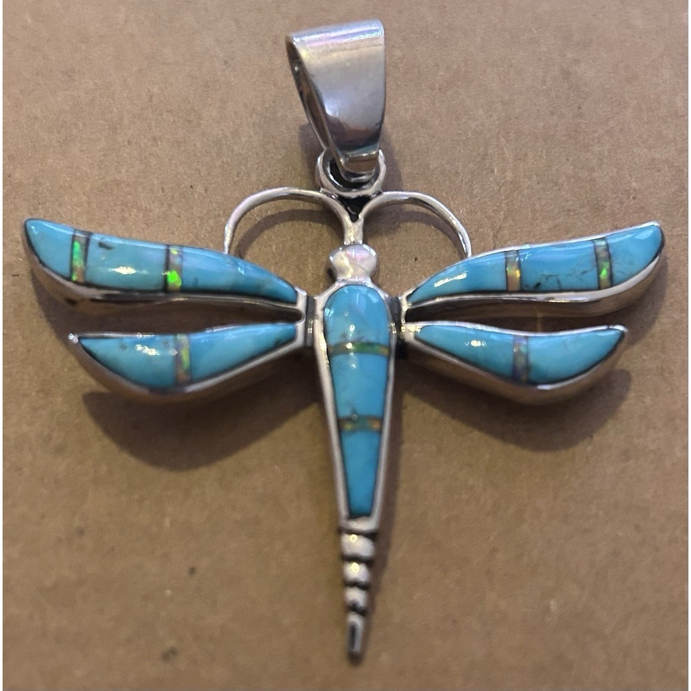 Large Vintage Sterling Silver Dragonfly Pendant Turquoise & Opal Inlay 925